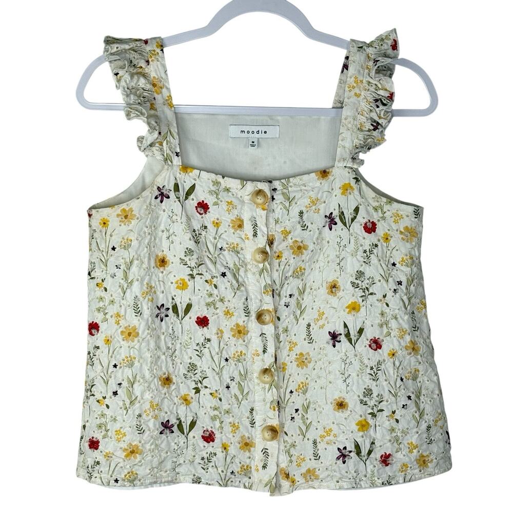Sleeveless Button Up Top Floral Cotton Eyelet Ivory Cottagecore Size XS